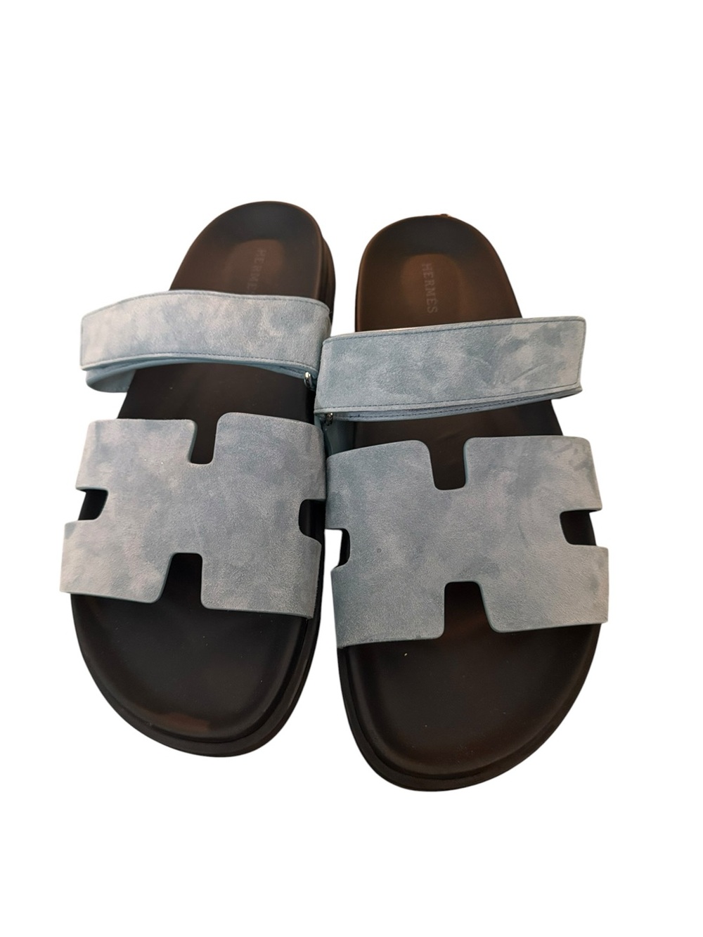 Hermes Light Blue & Black Leather Slide Sandals